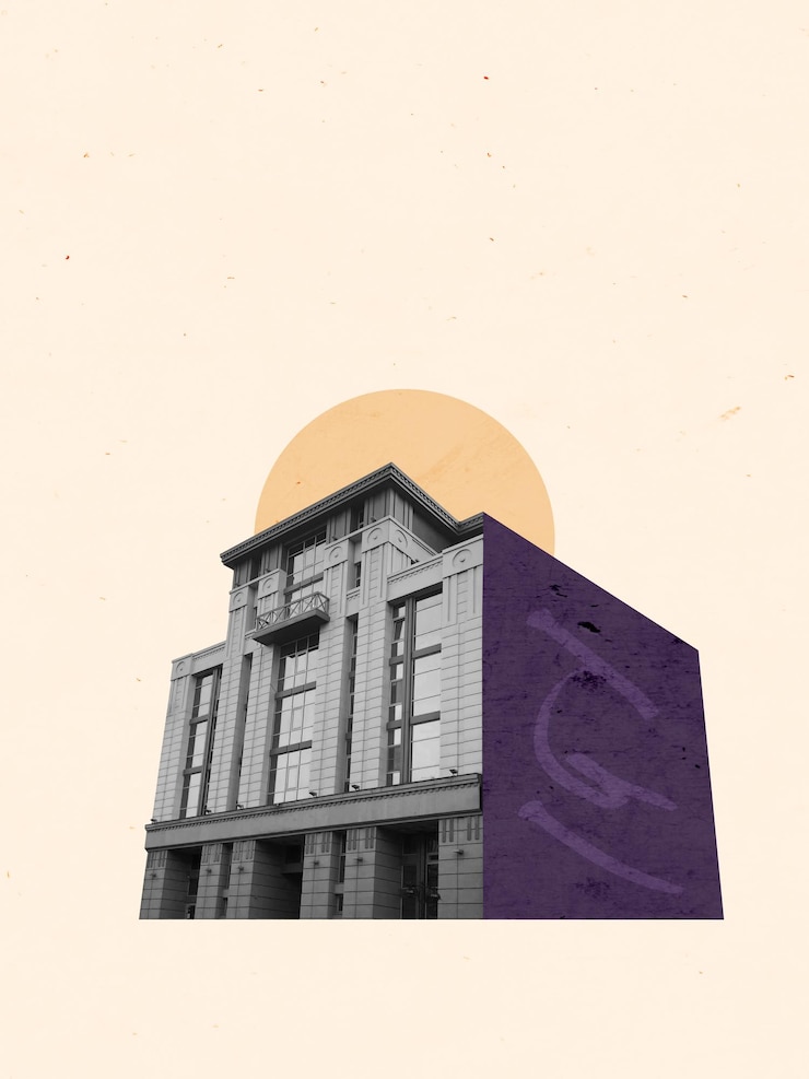 Photo art du bâtiment collage créatif d'architecture urbaine maison de bureau style de rue vintage rétro