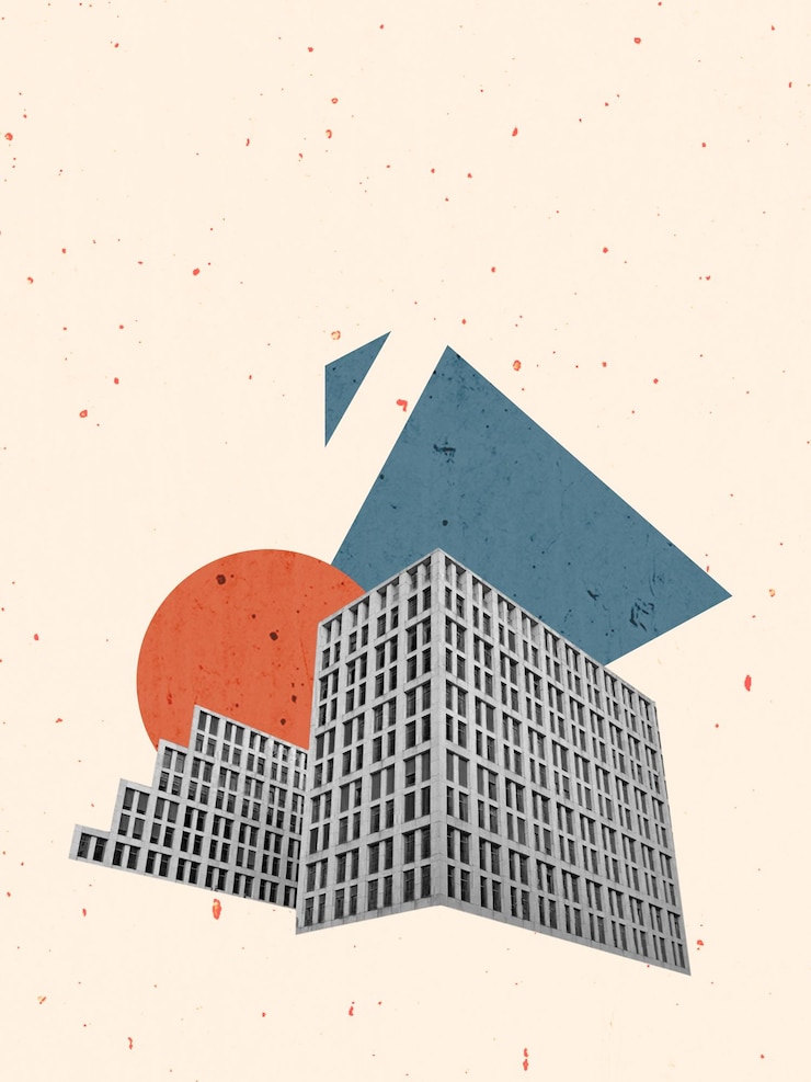 Photo art du bâtiment collage créatif d'architecture urbaine maison de bureau style de rue vintage rétro