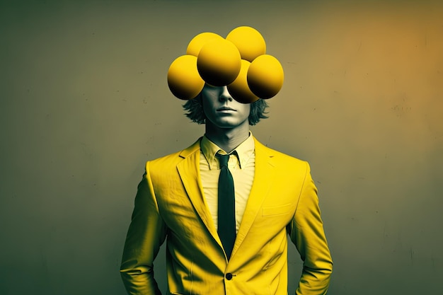 Art du cerveau personne en costume jaune pensant et regardant la caméra