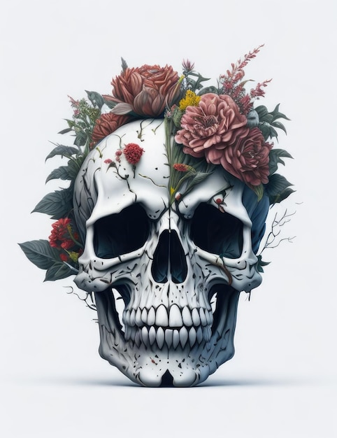 Art du crâne avec diverses fleurs Generative AI