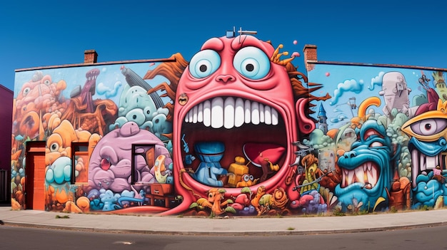 art du graffiti sur un bâtiment avec une grande bouche et de nombreuses créatures de couleurs différentes IA générative