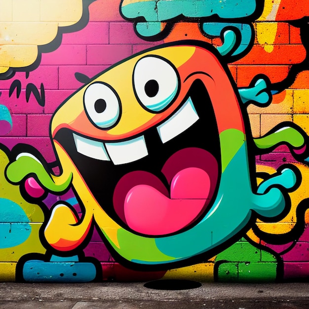 Art du graffiti d'un monstre souriant avec un grand sourire sur un mur ai génératif