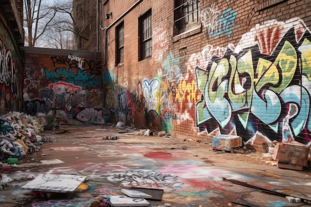 L'art du graffiti sur un mur de briques avec des ordures et des déchets en arrière-plan