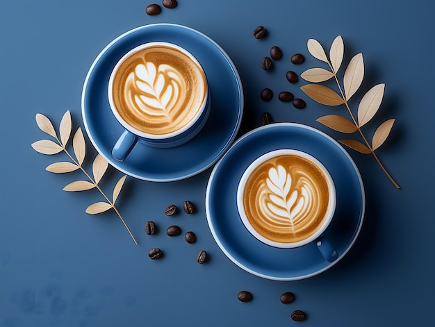 Art du latte artistique sur deux tasses de café sur fond bleu