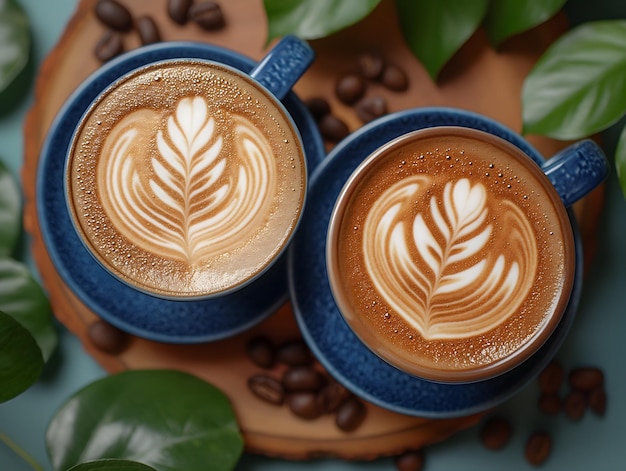 Art du latte artistique sur deux tasses de café sur fond bleu