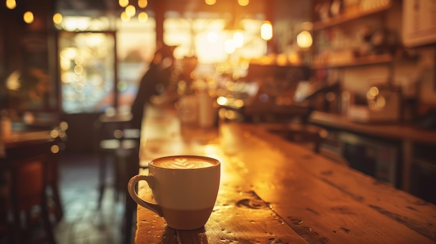 Art du latte sur une tasse de café dans un environnement de café chaleureux et accueillant