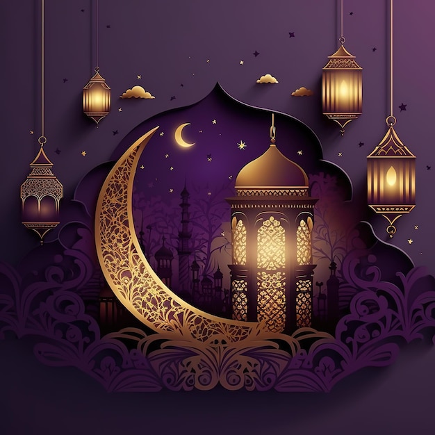 Art du papier avec un croissant de lune et une mosquée et la lune.