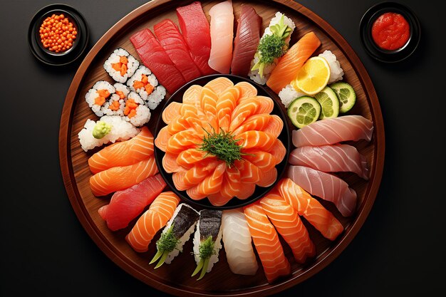 L'art du sushi vibrant d'en haut vers le bas Image d'un plateau de sushi artistiquement disposé