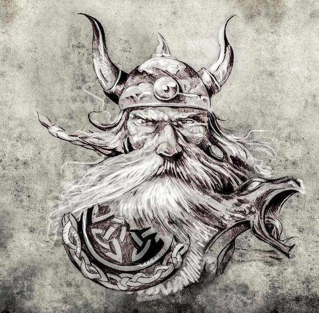 Art du tatouage, croquis d'un guerrier viking, illustration d'une ancienne figure de proue en bois sur une chaloupe viking