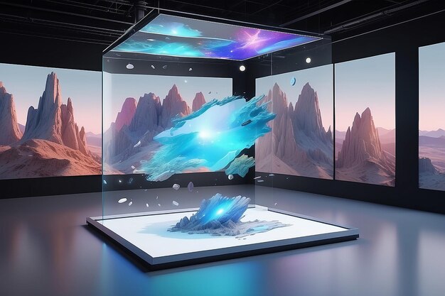 Photo art sur des écrans flottants holographiques avec des éléments interactifs et une maquette de contenu générée par l'utilisateur avec un espace blanc vide pour placer votre conception