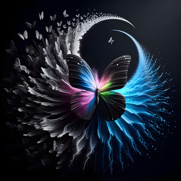 Art d'effet avec un papillon battant ses ailes sur un fond monochrome sombre