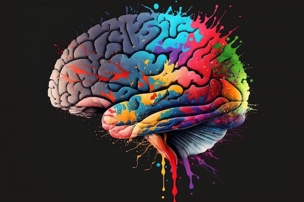 Art à l'encre colorée du cerveau humain représentant le bonheur et la santé mentale AI générative