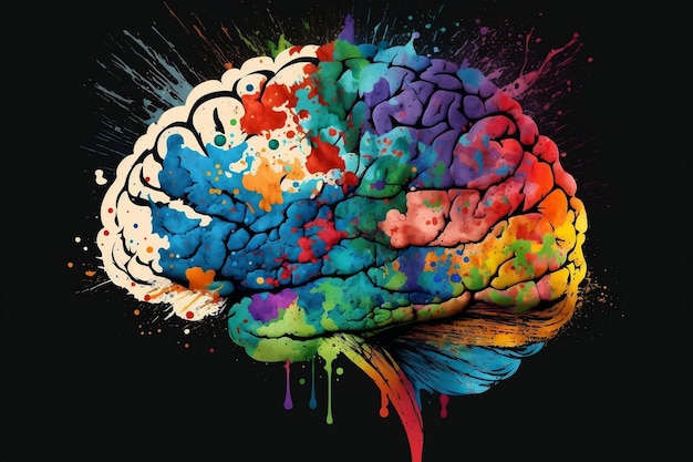 Art à l'encre colorée du cerveau humain représentant le bonheur et la santé mentale AI générative