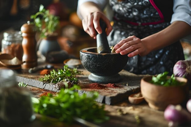 L'art des épices Une femme moule la magie culinaire avec du mortier et du pellet