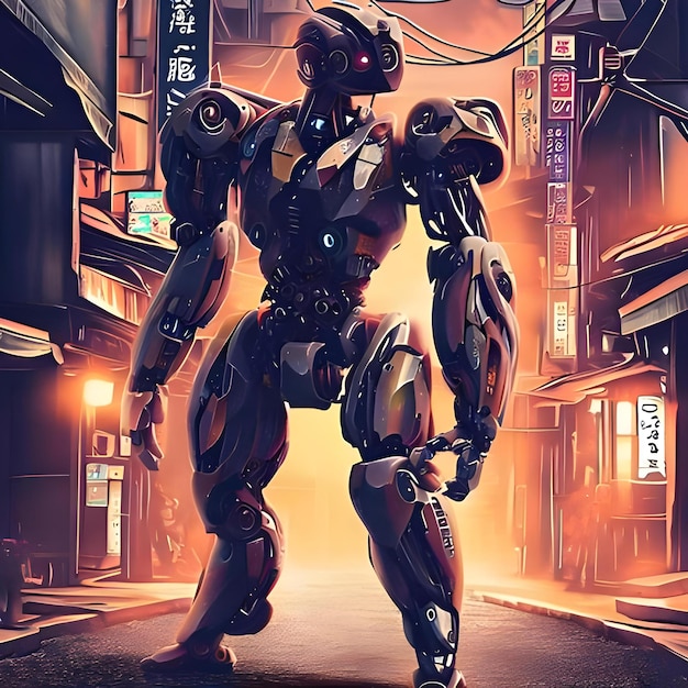 art fantastique d'un robot dans la rue du Japon