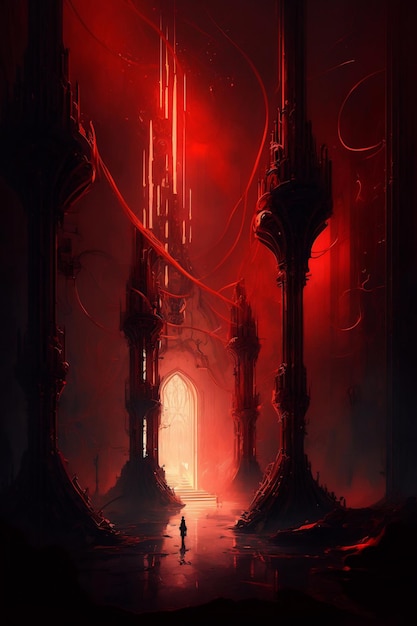 Un art fantastique sombre avec une lumière rouge et une porte qui dit "la lumière est allumée". '