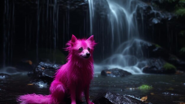 Photo art fantastique sombre vibrant chien rose à la cascade art à fourrure par patty maher