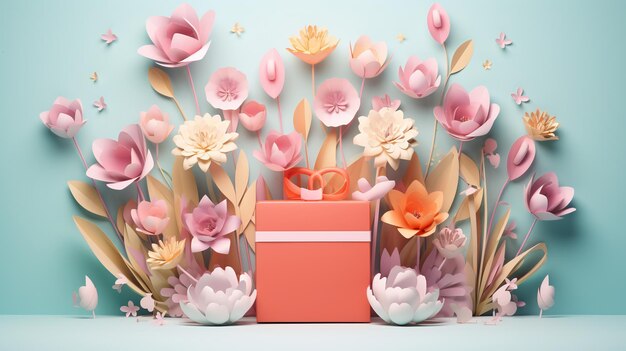 Photo art floral en papier 3d avec boîte cadeau en corail