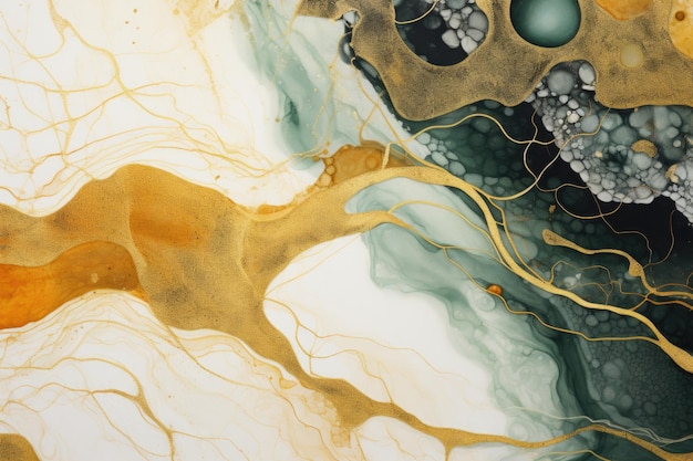 Art fluide acrylique Vagues vert foncé dans l'océan abstrait et vagues mousseuses dorées Effet de marbre arrière-plan ou texture
