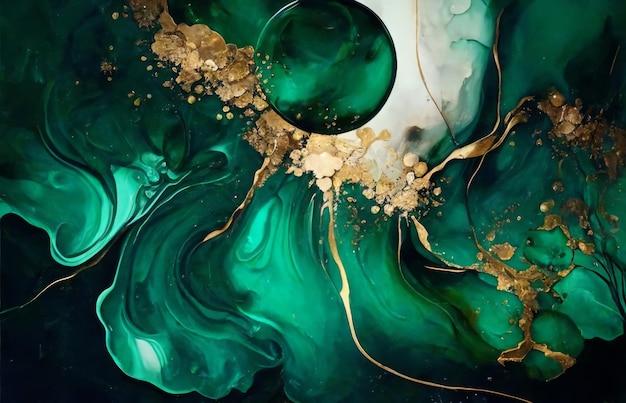 Art fluide d'élégance émeraude avec accents dorés effet de dessin à l'encre d'alcool de marbre vert et or