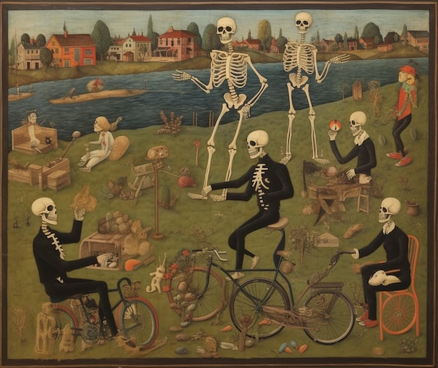 Photo art folklorique représentant des squelettes engagés dans des activités quotidiennes