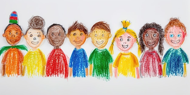 Art génératif dessiné au crayon par des enfants naïfs, illustration de différentes personnes multiethniques