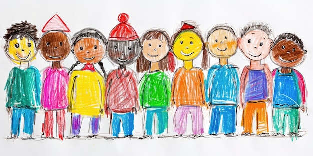 Art génératif dessiné au crayon par des enfants naïfs, illustration de différentes personnes multiethniques