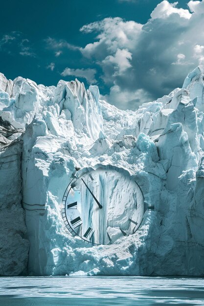 Photo art d'un glacier en fonte avec une superposition d'horloge