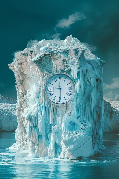 Art d'un glacier en fonte avec une superposition d'horloge