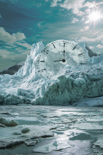 Art d'un glacier en fonte avec une superposition d'horloge
