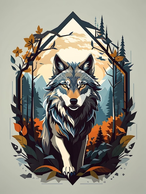 Art d'illustration d'un loup dans la nature arrière-plan pour la conception de t-shirt