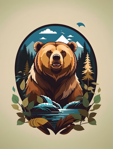 Art d'illustration d'un ours dans la nature à l'arrière-plan pour la conception de t-shirt