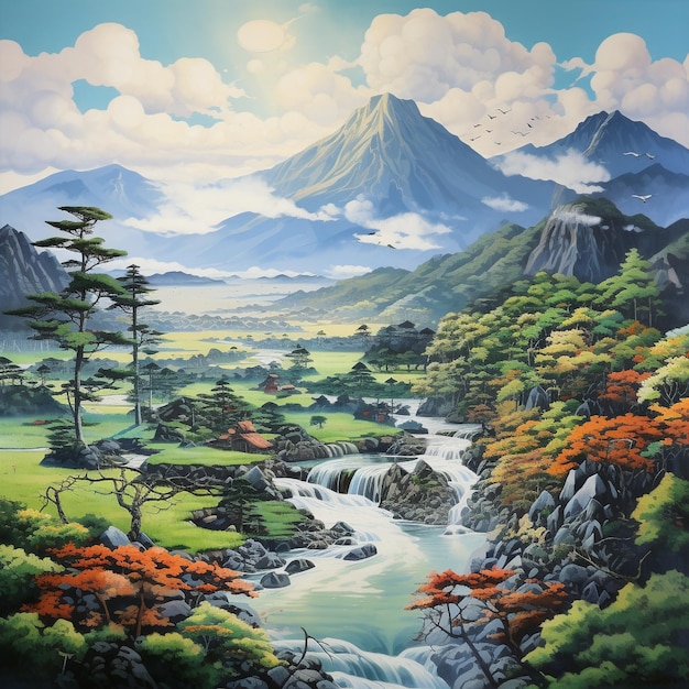 Art japonais sur montagne et rivière