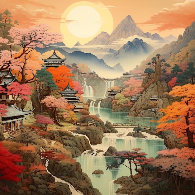 Art japonais sur montagne et rivière