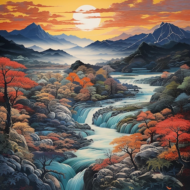 Art japonais sur montagne et rivière