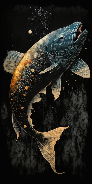 art japonais de poisson surréaliste dans le style gyotaku fond noir