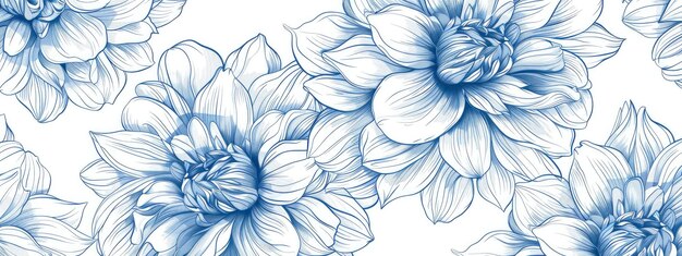 Photo art de ligne dessiné à la main d'une illustration à l'encre bleue et blanche dans le style du motif des fleurs de dahlia