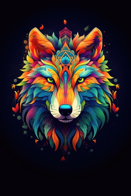 Art de mandala de loup coloré sur fond noir Impression de conception pour t-shirt tasse oreiller autocollant cas emblème tatouage broderie et puzzle