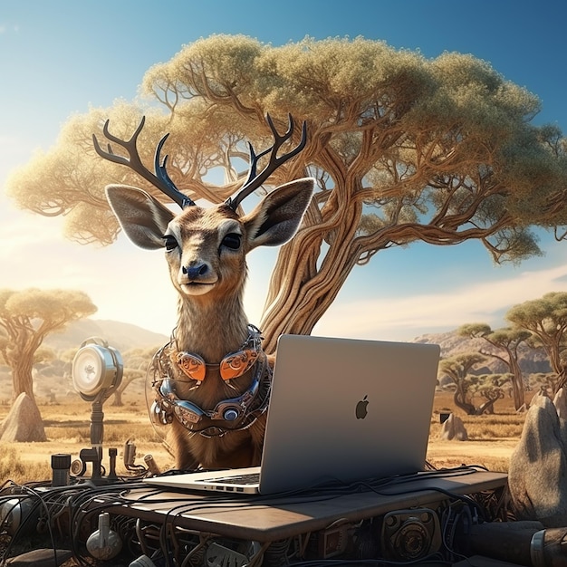 Photo art mécanisé 3d d'une belle gazelle pokemon sous un arbre macintoshmatte peinture des tons brillants