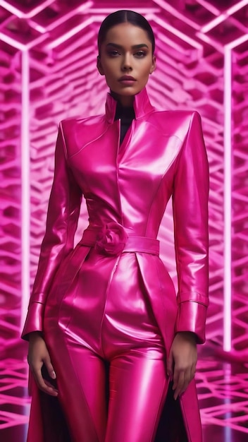 Art de la mode futuriste élégant avec un motif de forme hexagonale et une couleur rose vivante du modèle posant.