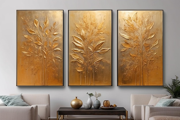Art moderne abstrait à la texture dorée peinture à l'huile triptyque