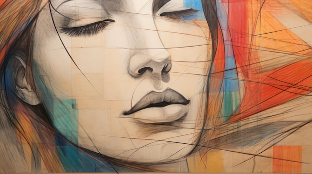 Art moderne contemplatif dessin expressif du visage d'une femme avec des crayons de couleur