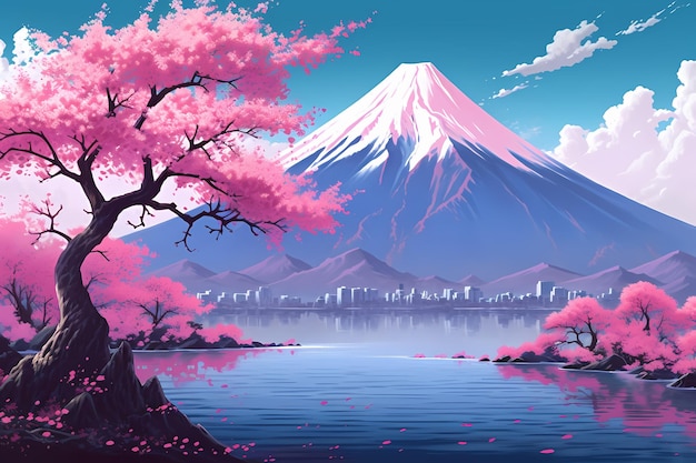 art des montagnes fuji au japon sakura rose feuilles dans la nature généré ai