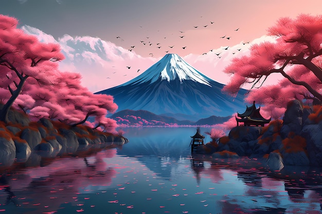 art des montagnes fuji au japon sakura rose feuilles dans la nature généré ai