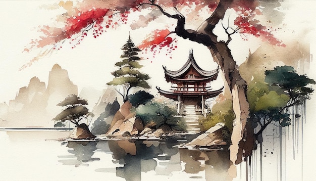 Art mural aquarelle de paysage japonais traditionnel