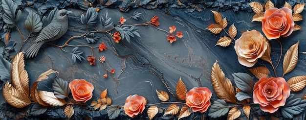 Art mural en métal floral sur fond de marbre noir