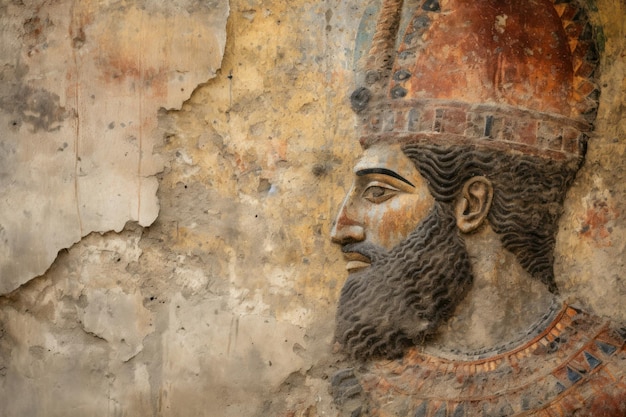 Art mural sumérien ou babylonien arrière-plan roi barbu peint sur du plâtre endommagé au Moyen-Orient Fresque fissurée de l'ancienne Mésopotamie Thème de l'histoire de l'Irak Babylone