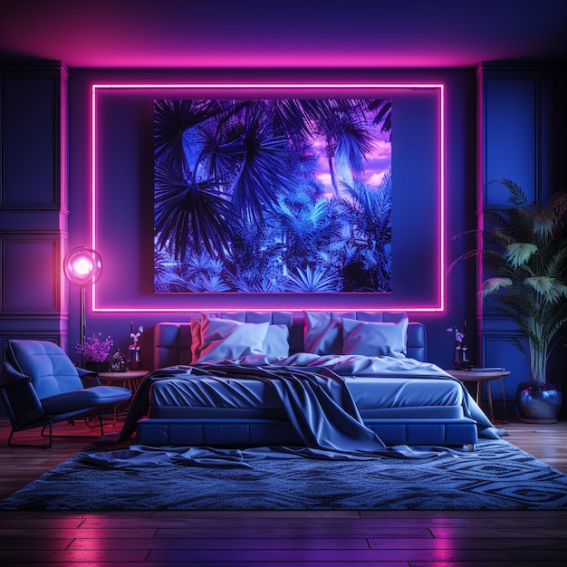 Art mural suspendu dans le bleu néon et le violet chambre à coucher IA générative