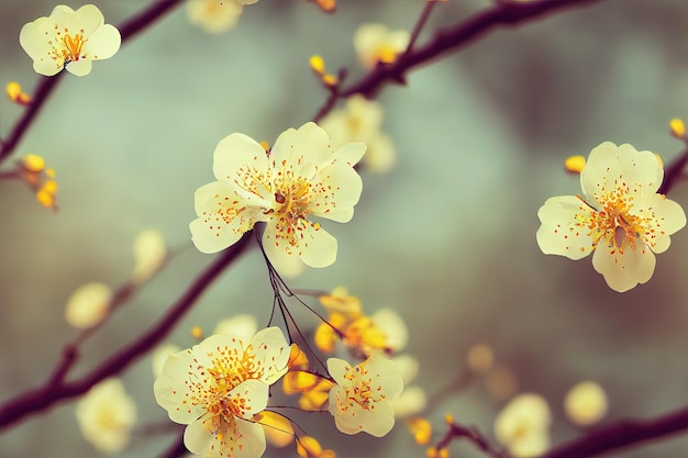 Art numérique d'arbre fleuri avec des fleurs jaunes imprimable