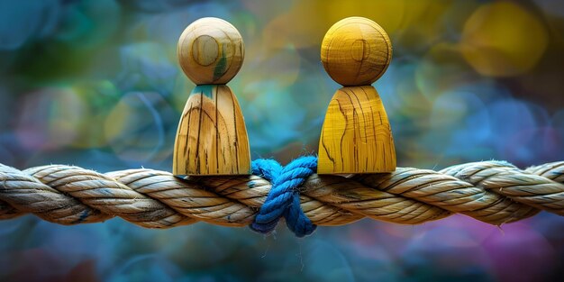 Photo art numérique closeup deux figurines en bois sur une corde avec un nœud bleu concept sculpture miniature petits jouets nature morte artistique concept créatif photographie en gros plan